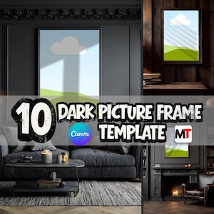 May include: A dark picture frame template with the number 10 in white, and the words "DARK PICTURE FRAME TEMPLATE" in black. The Canva logo is in the center. The image shows framed art with a blue sky, white cloud, and green hills.