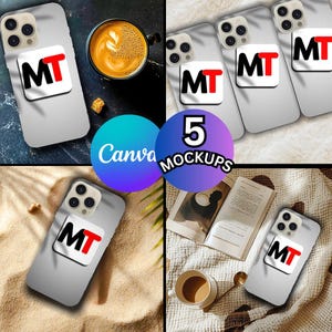 Op de afbeelding: Vijf telefoon mockups met grijze telefoonhoesjes en een witte popsocket. De popsocket toont de letters "MT" in zwart en rood. De afbeelding bevat koffie, een boek en de Canva en "5 Mockups" logo's.