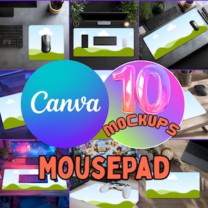 以下が含まれることがあります： 緑の丘、青い空、白い雲を特徴とする風景デザインのマウスパッドのコレクション。画像には「Canva」、「10 Mockups」および「Mousepad」というテキストが含まれています。