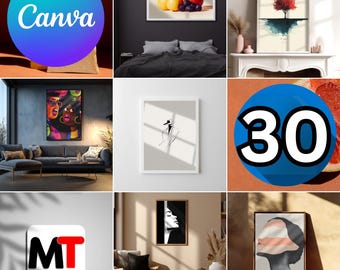 Paquete de plantillas de maquetas de arte mural para Canva, 30 maquetas de marcos para pósteres, arrastrar y soltar, marco moderno de madera y dorado, marco vertical, para Canva 4K