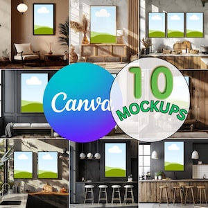 Puede incluir: Diez maquetas diferentes de impresiones en lienzo en varios entornos interiores. Las maquetas presentan un diseño de paisaje simple con una colina verde y una nube blanca sobre un fondo de cielo azul.