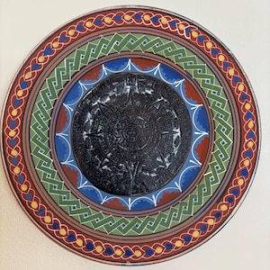 Vintage Clay Mexican Aztec Mayan Calendar Handpainted Plate 12.4”