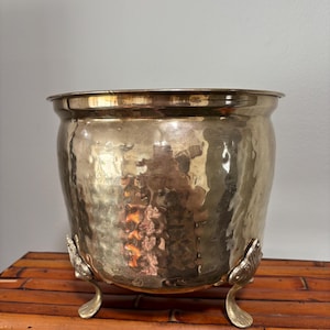 May include: A hammered metal planter with a wide rim and three decorative feet. The planter has a textured surface and a shiny, reflective finish. The feet are shaped like stylized leaves.