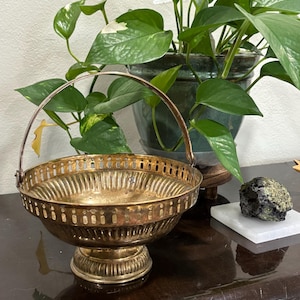 Vintage Brass Basket Fenced Swing Handle Pedestal Bowl