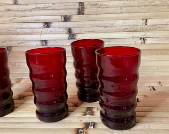 Vintage Anchor Hocking Royal Ruby Red Whirly Twirly 6 Piece Glass Tumbler Set