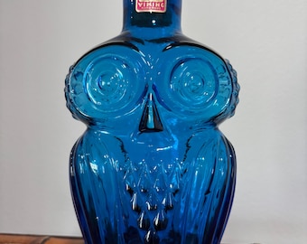 Carafe hibou viking bleu vintage en verre avec autocollant et bouchon