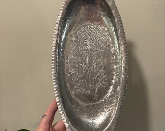 Vintage Hammered Silver Decorative Platter with Engraved Mum Flower Design