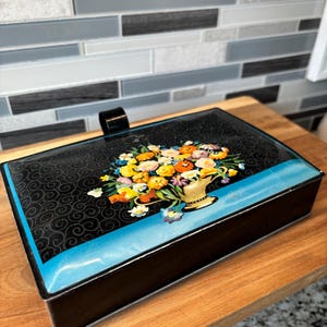 Mid Century Metal Floral Trinket Box with Handle by Decoware - Vintage Metal Storage Box - Vintage Metal Trinket Box - Botanical Decor