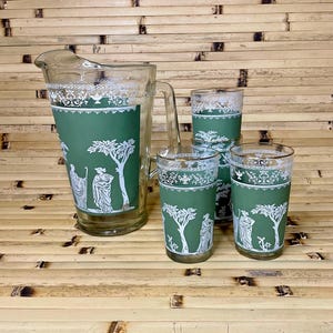 Vintage Jeannette Hellenic Pitcher Green Greek Glass and Four Tumblers