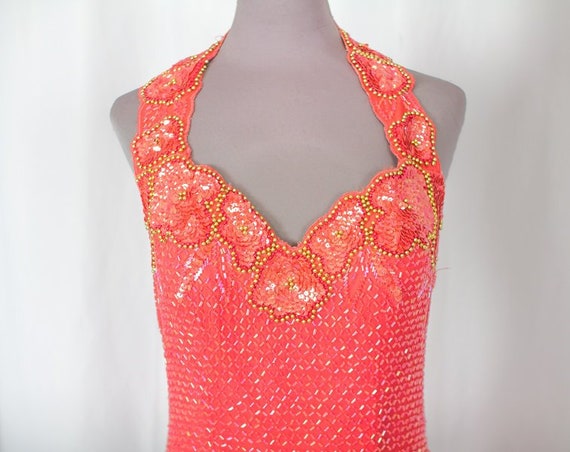 Showtime Beaded & Sequined Coral Evening Gown
