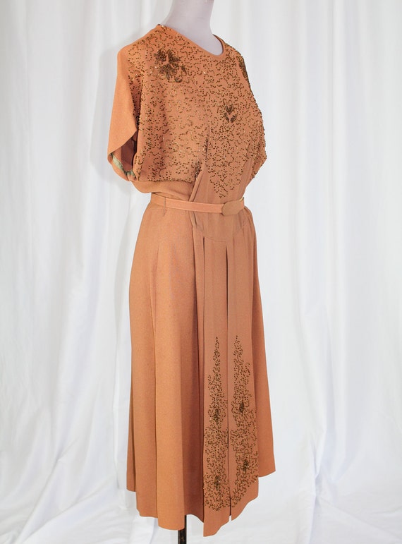 40s TAUPE Crepe BEADED DRESS - image 3