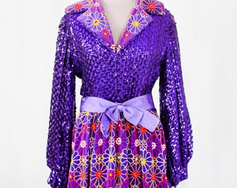 70s Purple Sequin and Embroidered Dress by Oscar de la Renta boutique