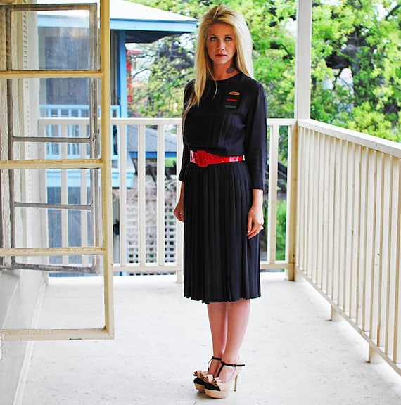 1940s Navy Blue Pleated Dress