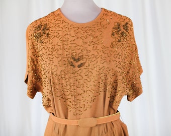 40s TAUPE Crepe BEADED DRESS