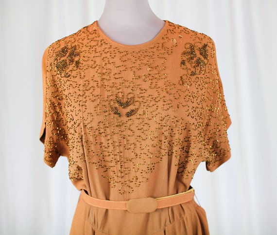 40s TAUPE Crepe BEADED DRESS - image 1