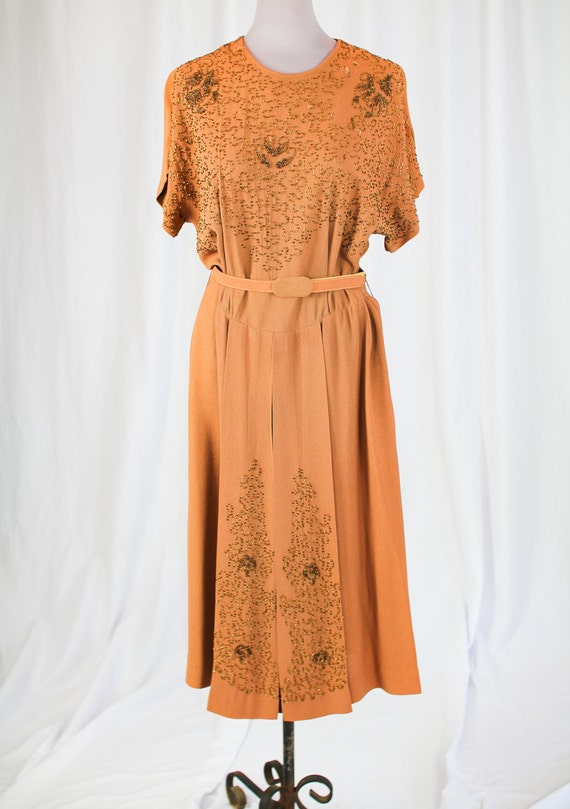 40s TAUPE Crepe BEADED DRESS - image 2