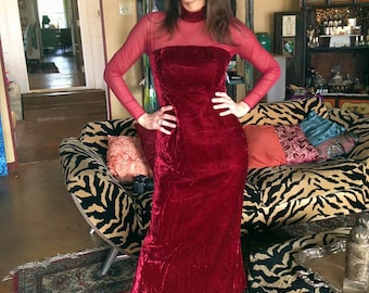 Vestido Maxi de terciopelo triturado rojo de los años 70