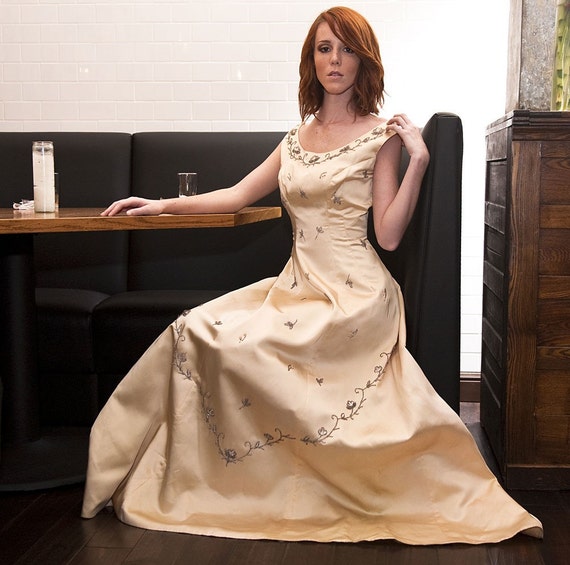 CHAMPAGNE SATIN BEADED Evening Gown