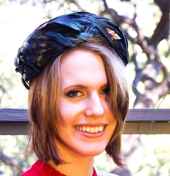60s Black Irridescent Feather Pillbox Hat
