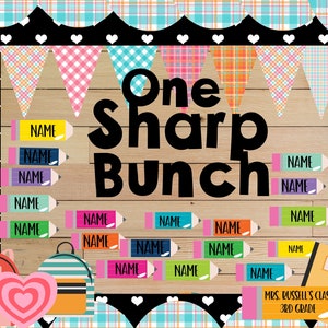 Pode incluir: Um quadro de avisos da sala de aula com as palavras "One Sharp Bunch". O quadro apresenta lápis coloridos com etiquetas "NAME", faixas de bandeirinhas e gráficos com tema escolar, incluindo uma mochila e um caderno.
