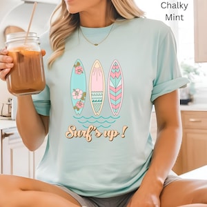 Surfs Up T-Shirt: Pastel Surfboards, Vintage Beach Shirt