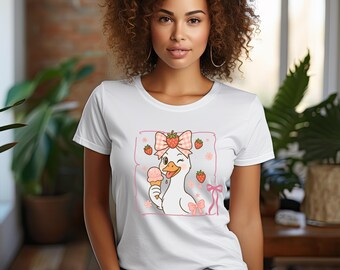 Kawaii Strawberry Goose T-Shirt: Sweet Summer Animal Tee