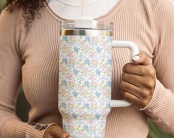Floral Tumbler With Handle, 40 oz Insulated Tumbler With Straw, Pink Blue Flower Travel Mug, Pretty Gift For Her, Large Coffee Cup