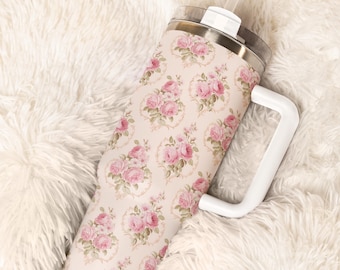 40oz Tumbler Vintage Floral Rose Tumbler with Handle - Romantic Pink Roses Insulated Travel Mug - Shabby Chic Aesthetic Gift for Her