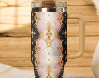 40 oz Tumbler, Elegant Baroque Tumbler with Handle, 40oz Black Pink Gold Travel Mug, Glam Reusable Cup for Coffee, Gift for Mom
