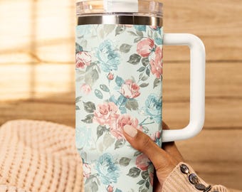 40oz Tumbler Vintage Floral Rose Tumbler with Handle - Pink and Blue Rose Cup - Insulated Tumbler - Birthday Gift - Shabby Chic Tumbler
