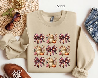 Plaid Bow Pumpkin Latte Sweatshirt: Cozy Fall Cotton Blend