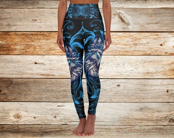 Blue and Silver Polynesian Wolf Leggings, Artistic High-Waist Yoga Pants, Women's Mythical Wolf Tights, workout leggings, women activewear