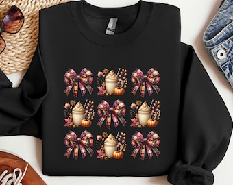 Plaid Bow Pumpkin Latte Sweatshirt: Cozy Fall Cotton Blend