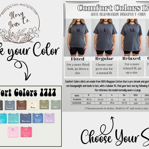 May include: A chart showing different colors and sizes of Comfort Colors 1717 t-shirts. The chart includes a size guide with measurements in inches. The model is 5'8" and wears a size 10.