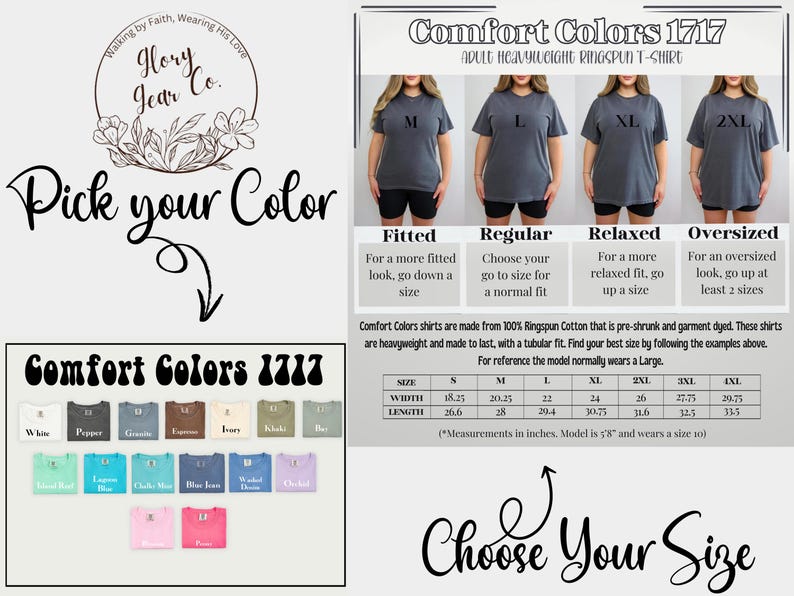 May include: A chart showing different colors and sizes of Comfort Colors 1717 t-shirts. The chart includes a size guide with measurements in inches. The model is 5'8" and wears a size 10.