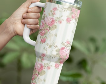 Floral Rose Tumbler With Handle, Vintage Flower Travel Cup, 40oz Insulated Mug, Shabby Chic Drinkware, Aesthetic Coffee Tumbler