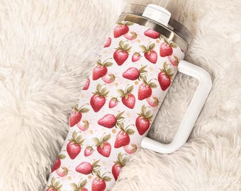 40oz Insulated Cup for Iced Coffee - Strawberry Tumbler with Handle and Straw - Cute Fruit Tumbler Gift for Her - Summer Drinkware