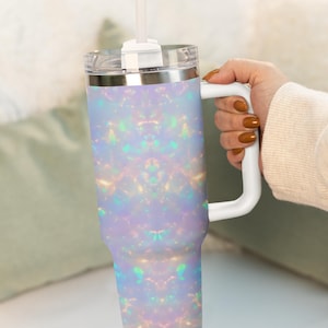Iridescent Tumbler With Handle, 40 oz Opal Glitter Travel Mug, Insulated Tumbler With Straw, Shiny Cup Gift For Her, Coffee Lover Cup