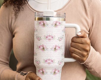40oz Insulated Pink Rose Tumbler - Vintage Floral Tumbler with Script Design - Romantic Gift for Her - Elegant Insulated Drinkware