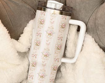 40oz tumbler, Vintage Rose Floral Tumbler with Handle and Straw, 40oz Baroque Travel Cup, Shabby Chic Aesthetic Mug for Hot or Cold Drinks