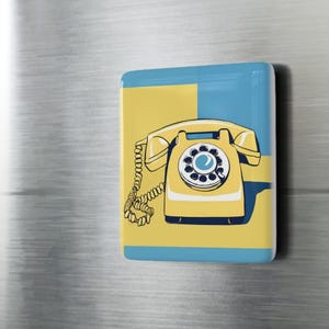 Porcelain Magnet, Vintage Rotary Phone Telephone Retro Kitchen Decor, Yellow Blue Fridge Magnet, 1980s 1970s Theme Nostalgic