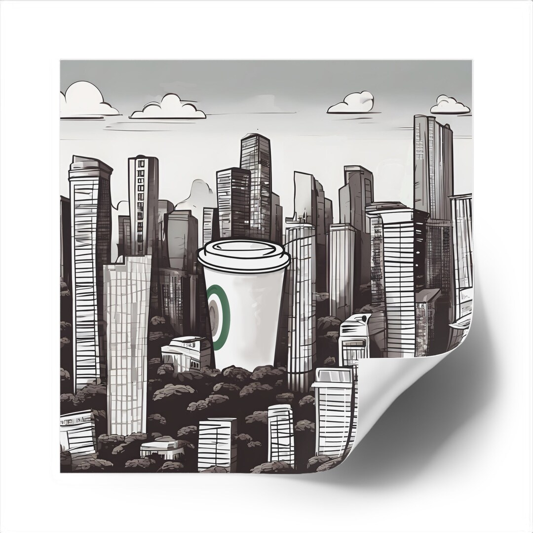Square Sticker, Large Colossal Coffee Cup in City, Comic, Cartoon, B&W ...