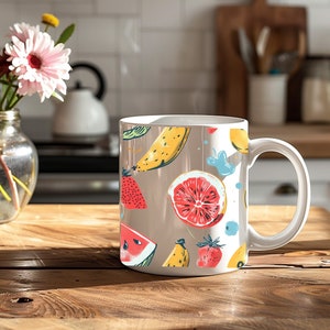 Drawn Fruit Kitchen Decor Ceramic Mug, Fruit Medley Mugs, Water-color Fruits, Summer Fruit Mug, Watermelon, Banana, Strawberry, Gift for Mom