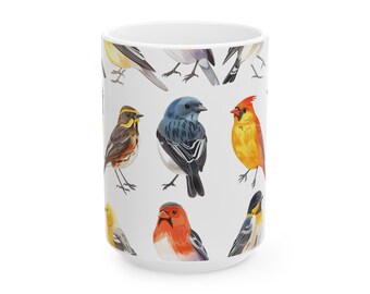 May include: White ceramic mug with a colorful pattern of various bird illustrations. The birds are depicted in a variety of poses and colors, including yellow, red, blue, and brown.