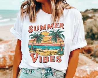 Summer Vibes Sunset Shirt, Cute Summer Shirt, Summer Lovers, Beach Shirt, Palm Tree Shirt, Retro Tropical Beach Shirt Summer Shirt For Women