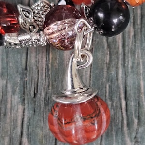 May include: A beaded bracelet featuring round beads in shades of red, orange, and black, interspersed with silver-toned owl charms. A prominent silver-toned charm shaped like a witch hat sits atop a small, carved red pumpkin-shaped bead.