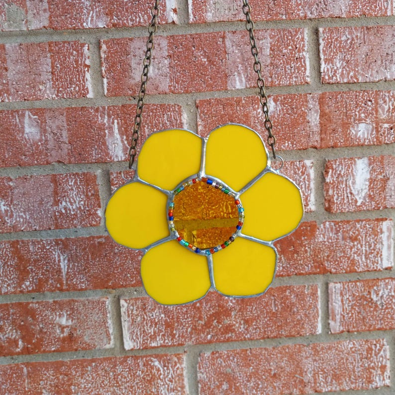 Yellow Daisy Flowerstained Glass Suncatcher, Window and Wall Hanging