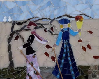 Figures, Fall Mosaic-Stained Glass panel, handmade indoor mosaic home decor, wall art hanging, holiday art gift, ladies and dogs' mosaic art