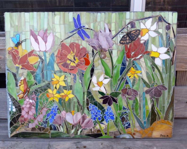 Spring Flowers Mosaic-stained Glass Panel, Wall Art Hanging, Floral ...