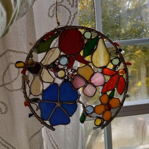 Flowers-Stained Glass Suncatcher, floral handmade indoor stained glass home decor, window hanging, wall hanging art, Mother&#39;s Day gift
